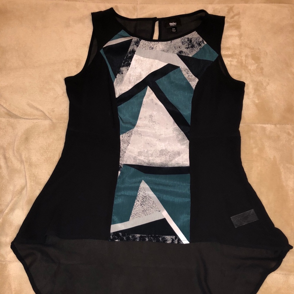 Sheer Flowy Black Dress Top w White & Teal Design